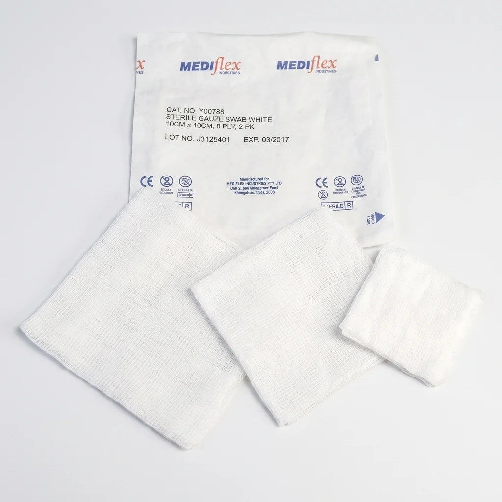Mediflex sterile gauze swab white 10cm x 10cm 8-ply 2 pack CAT Y00788.